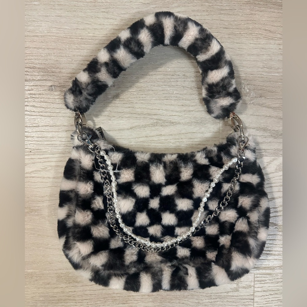 Urban Outfitters Fuzzy Black and Cream Checkered Shoulder Bag